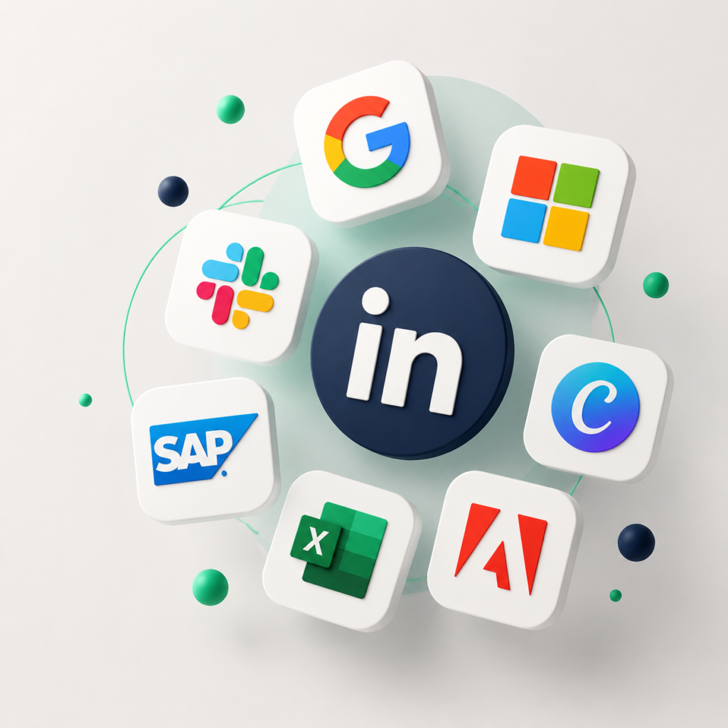 Logotipos profesionales en 3D sobre fondo gris claro, incluyendo LinkedIn, Google, Microsoft, Slack, SAP, Excel, Adobe y Canva, representando habilidades digitales y herramientas clave para destacar en el mercado laboral español y mejorar competencias profesionales.