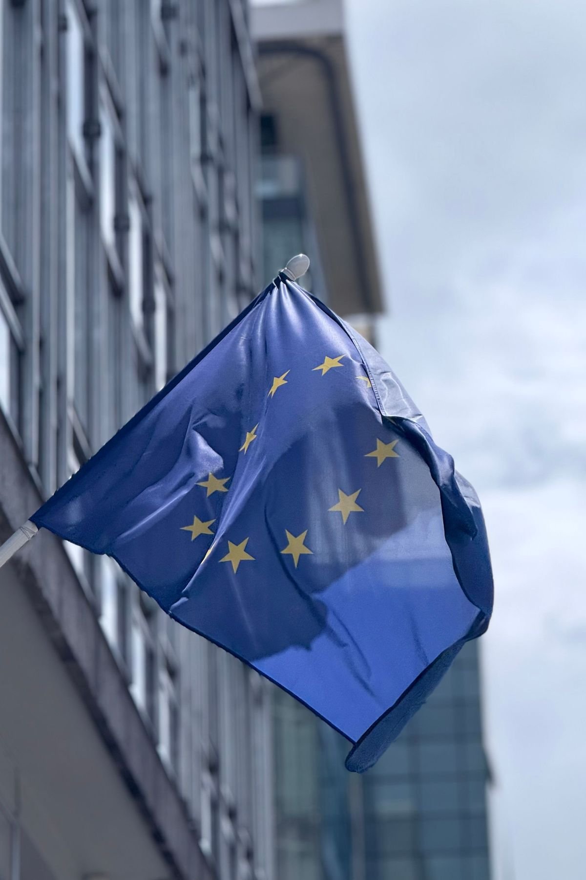 Bandera de la Unión Europea ante un edificio de oficinas: Tarjeta Azul UE